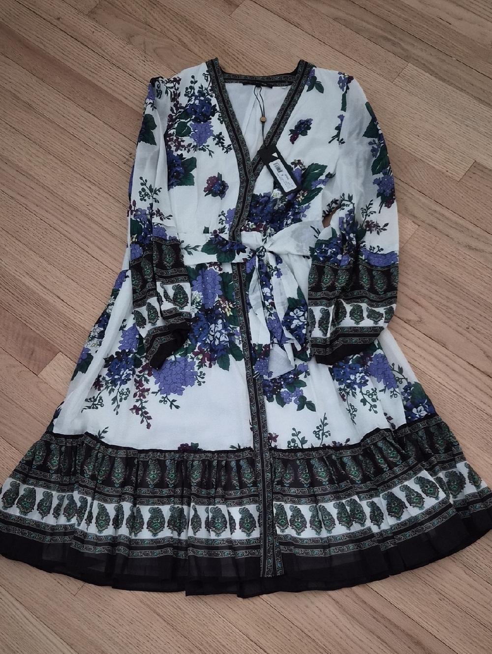 Kobi Halperin White Floral Border-Print Long Sleeve Wrap Dress